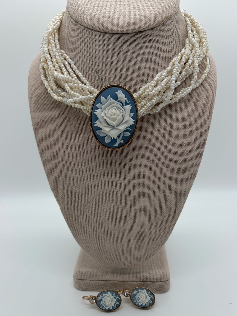 Vintage AVON seed bead carved rose necklace and clip on earring set